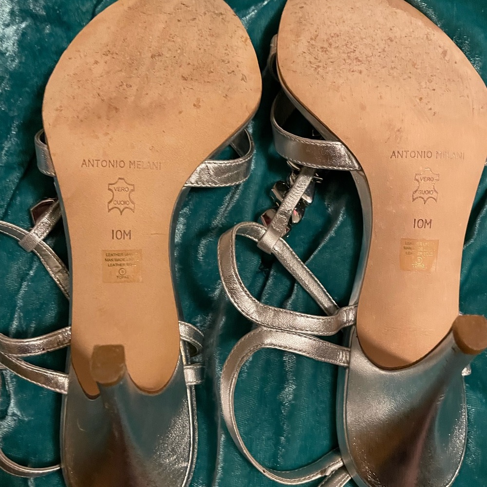 Antonio Melani silver and rhinestone low heel dressy sandal. - Picture 2 of 6